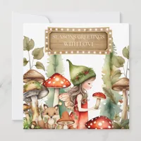 Woodland Child fairy in Mushrooms Christmas Holiday Card