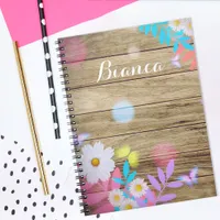 Spring Daisies Foliage and Butterflies on Wood Notebook