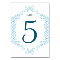 Elegant Floral & Bow Illustration Blue Wedding  Table Number