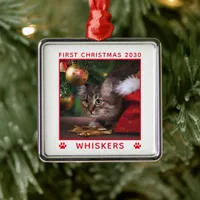 Cute First Christmas Cat Photo Name Year Custom Metal Ornament