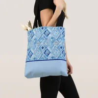 Blue, White Diamond-shaped Patchwork Color Block Tote Bag