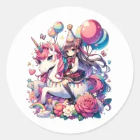 Anime Girl on Unicorn Birthday  Classic Round Sticker