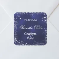 Navy blue silver wedding Save the Date Square Sticker