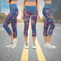 Blue and Colorful Swirling Watercolor Capri Leggings