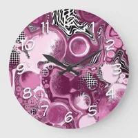 Pink, Magenta and Black Fluid Art Pour Painting   Large Clock