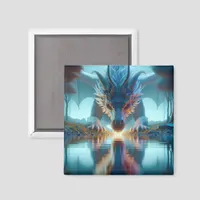 Mystical Blue Dragon Looking at Reflection in Wate Magnet