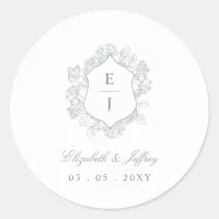 Dusty Blue Floral Crest Monogram Wedding Classic Round Sticker