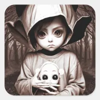 Creepy Girl Big Eyed Chibi Doll Square Sticker