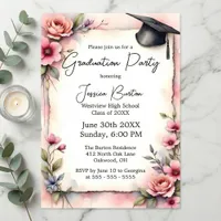 Elegant Pink Watercolor Floral Roses Graduation Invitation