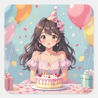 Cute Anime Girl's Birthday Party Square Sticker
