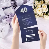 40th Birthday navy blue silver rsvp All In One Invitation
