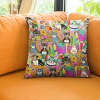 Whimsical Folk Art Style Cartoon Cats Throw Pillow