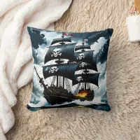 Pirate Ship Sailing Through Stormy Seas at Dusk Throw Pillow