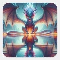 Magical Dragon Reflection Ai Art Square Sticker