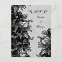 black and Silver Gray Flourish Wedding Invitation Postcard