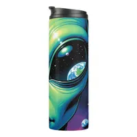 Alien Face with Planets Reflections in Eyes Thermal Tumbler