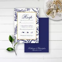 Elegant Vintage Navy Blue Gold Botanical Wedding RSVP Card