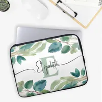 Elegant Monogrammed Eucalyptus greenery Watercolor Laptop Sleeve