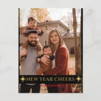 New year cheer black and gold script holiday postcard