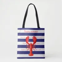 Blue white stripes red lobster happy summer tote bag