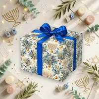 Elegant Blue Gold Watercolor Menorah Wrapping Paper