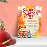 Cute Teddy Fire Truck 3rd Birthday Red Yellow Invitation