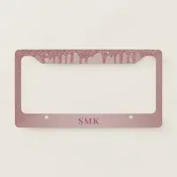 Luxury Rose Gold Sparkle Glitter Drips Monogram License Plate Frame