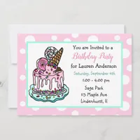 Pink and Mint Green Whimsical Cake Girl's Birthday Invitation