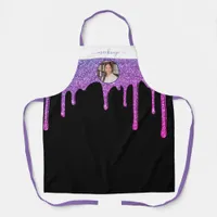 Purple Hot Pink Glitter Drips Personalized Photo A Apron