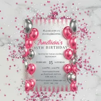 Vibrant Pink Silver Balloons Glitter 15th Birthday Invitation