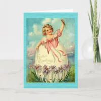 Vintage Easter Girl in Egg on Purple Flowers, ZSSG Holiday Card