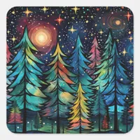 Colorful Pines on a Starry Winter Night Square Sticker