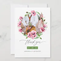 Watercolor Pink Poppies Wedding Photo Collage Thank You Card