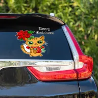 Merry Christmas Orange Cat with Poinsettia   Sticker