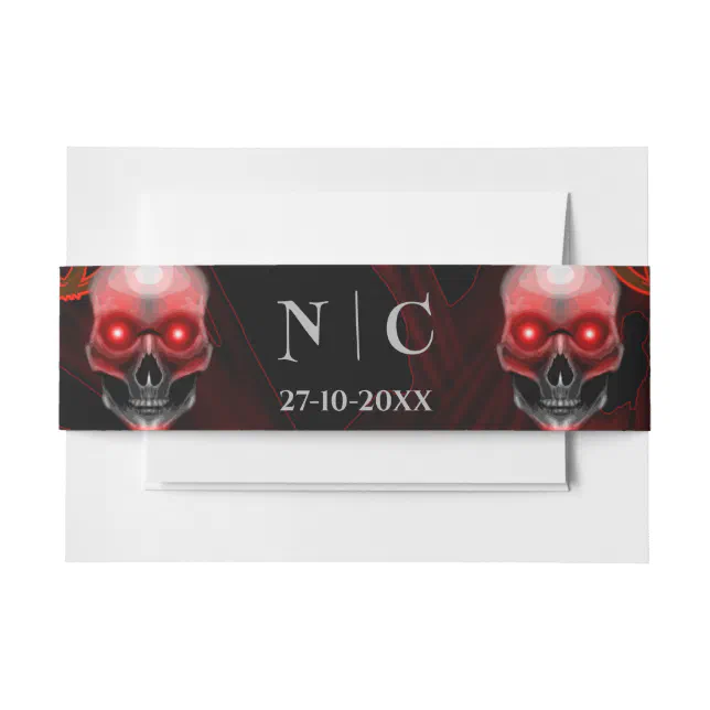 Scary red floral dark moody gothic skull Halloween Invitation Belly Band