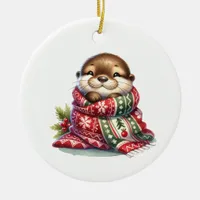 The Christmas Otter in a Scarf Ceramic Ornament
