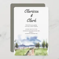 Cute Modern Watercolor Country Landscape Wedding Invitation