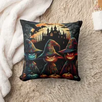 Colorful scarecrow trio by full moon throw pillow