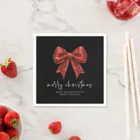 Merry Christmas Red Glitter Coquette Bow Black Napkins