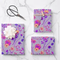 Sweet Bold Neon Pink & Purple Watercolor Flowers Wrapping Paper Sheets