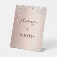 Rose gold blush silver glitter photo sign 