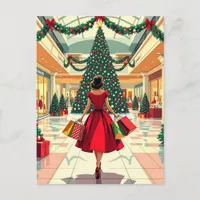 Retro Woman Shopping Mid Century Christmas Postcard