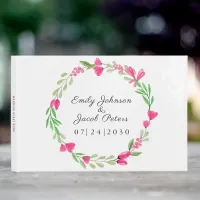 Pink Flower Wreath Elegant Floral White Wedding Guest Book