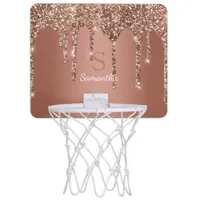 Rose Gold Glitter Sparkle Drip Monogram Name Mini Basketball Hoop
