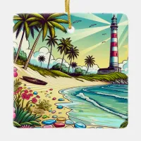 Pretty Comic Book Style Tropical Paradise Ceramic Ornament