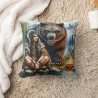 Native American Woman Sitting By Bear At Sunset Throw Pillow