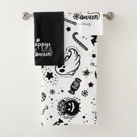 Halloween Black And White Scary Line art Bath Towel Set