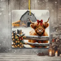 Vintage Farm and Cute Highland Cow Christmas  Ceramic Ornament