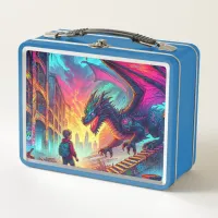 Boy Encounters a Dragon in a Dystopian World Metal Lunch Box