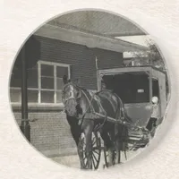 Stop for A Spell, Amish Horse at Stop Sign Drink Coaster
